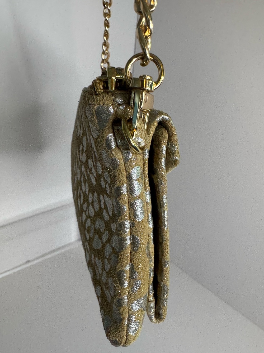 #426 Lodis Small Silver Metallic Leather & Suede Leopard Print Clutch Shoulder - Picture 5 of 16